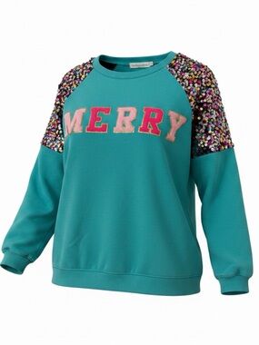 Southern Grace Teal Sweatshirt with Multicolor Sequin Shoulders